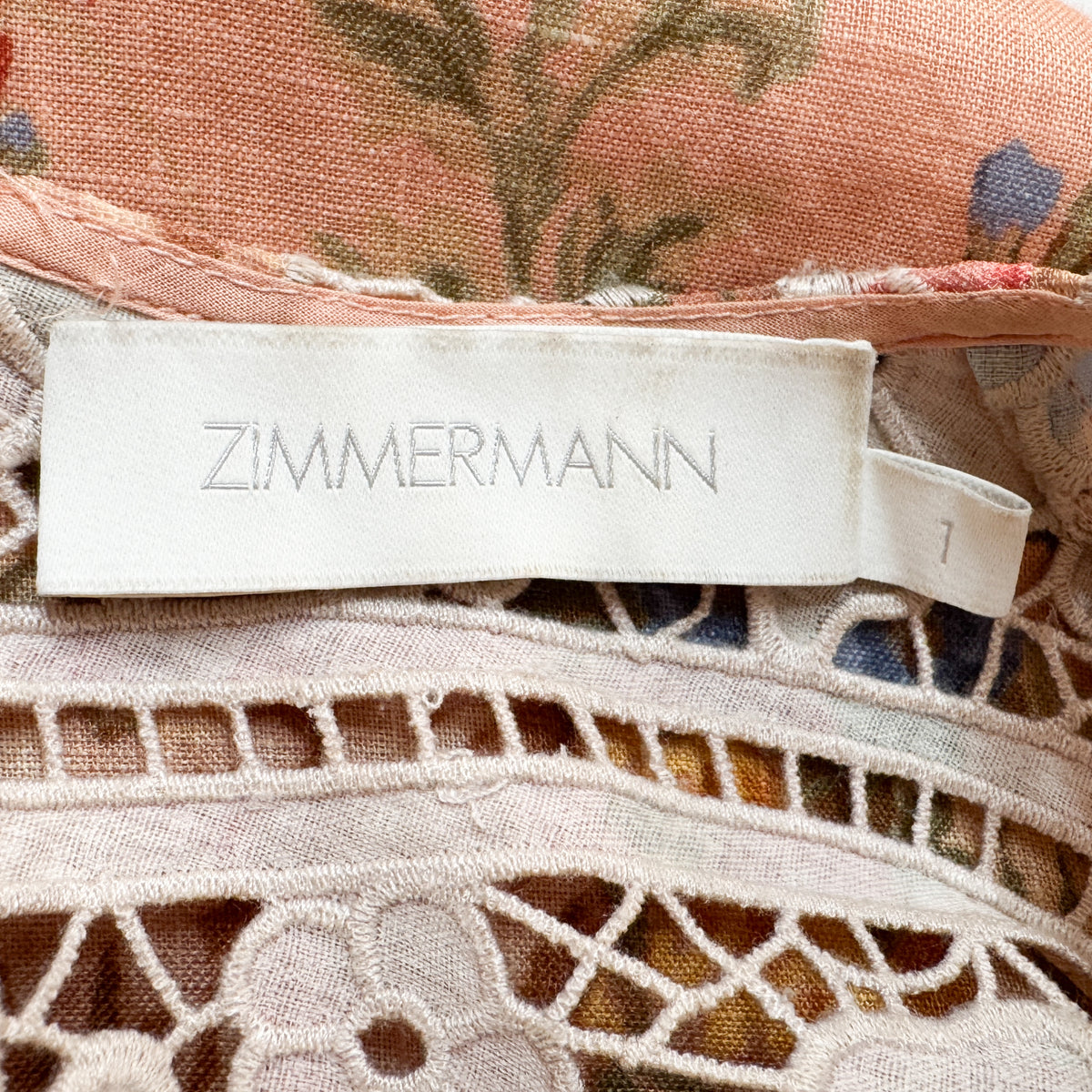 Zimmermann Pink Peach Floral Linen Broderie Midi Dress Size 1 ~ AU8-10