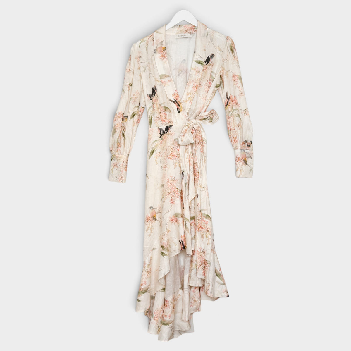 Zimmermann Coral Bird Print Linen Wrap Frill Midi Dress Size 1 ~ AU8