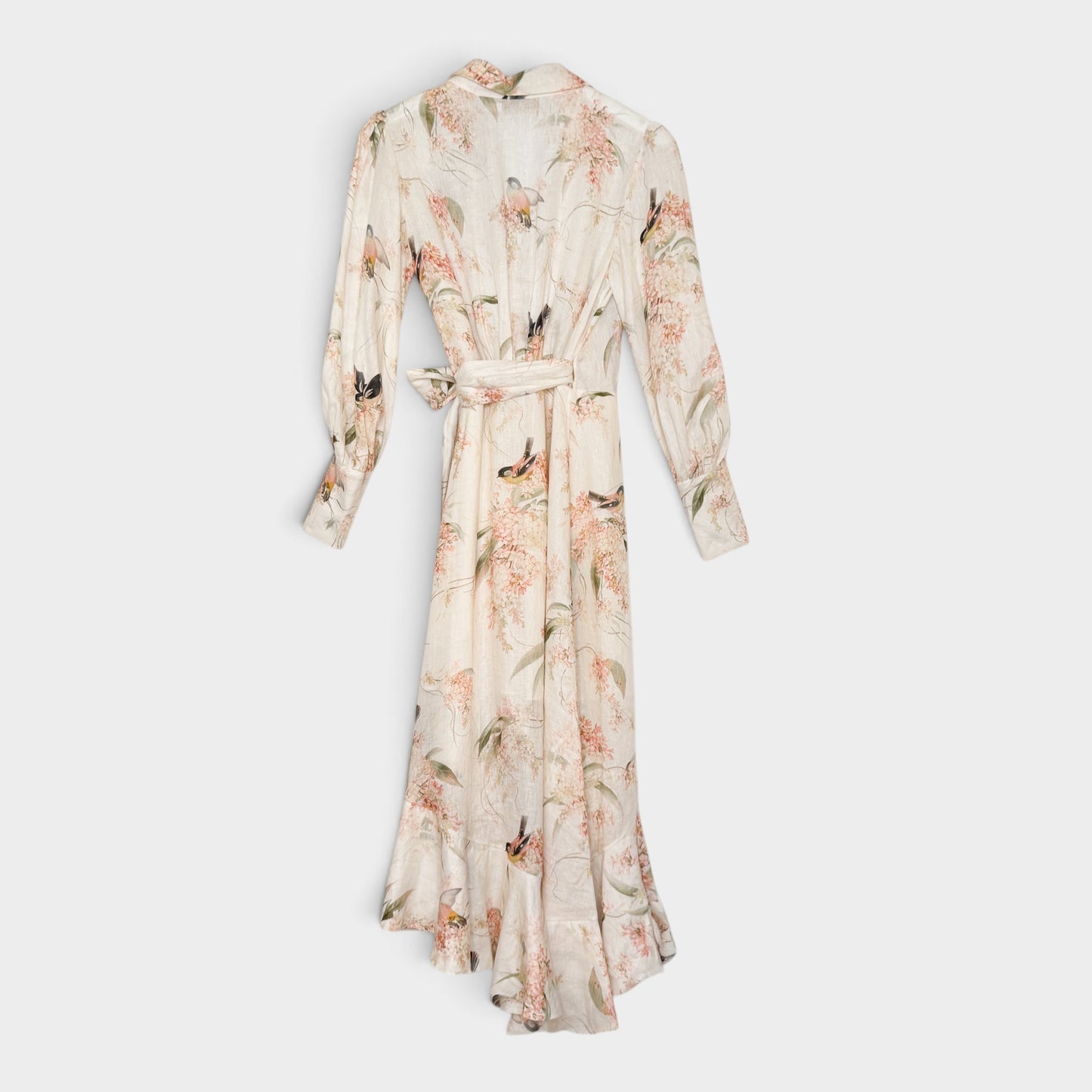 Zimmermann Coral Bird Print Linen Wrap Frill Midi Dress Size 1 ~ AU8