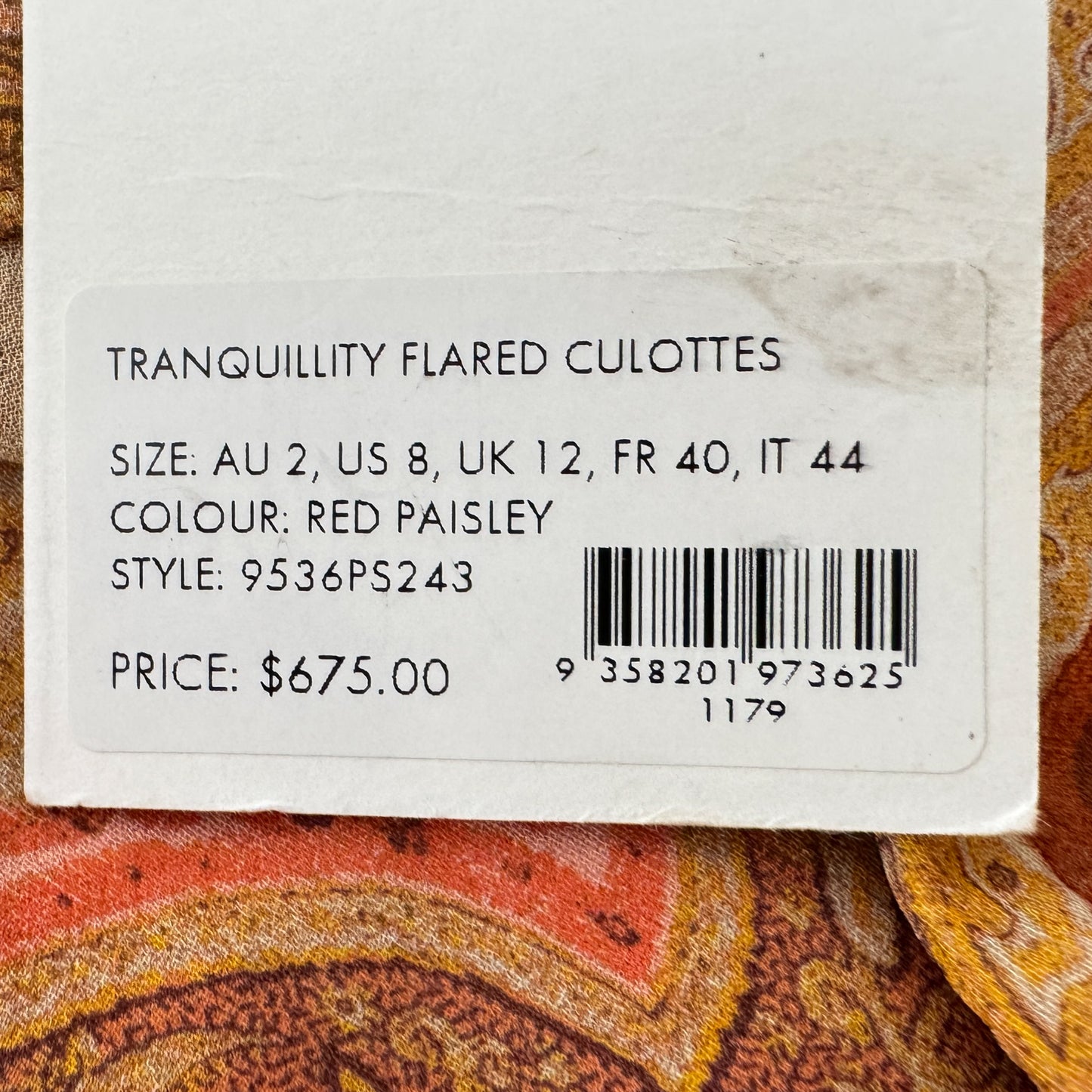 Zimmermann Tranquillity Orange Coral Paisley Flared Culottes Pants 2 ~ AU12