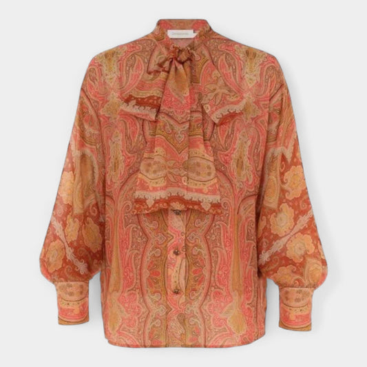 Zimmermann Tranquillity Orange Coral Paisley Neck Tie Blouse 0 ~ AU8